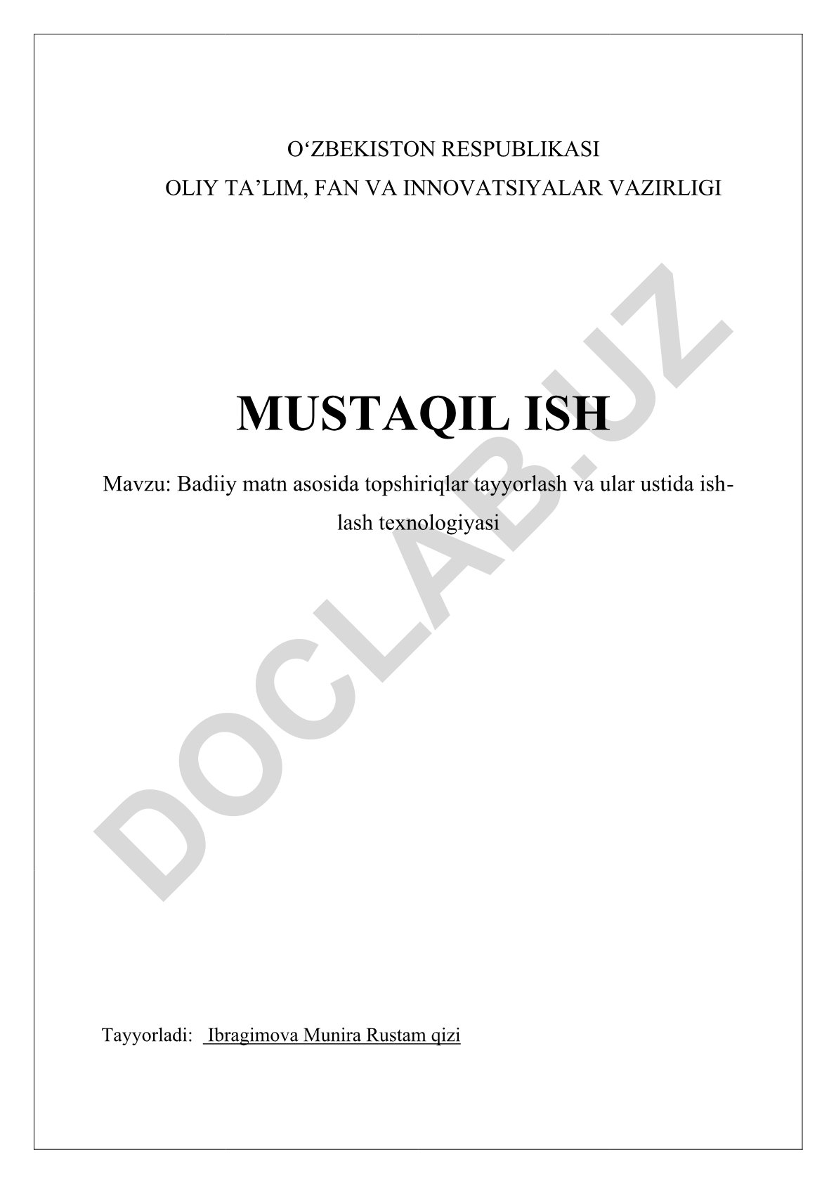 Badiiy matn asosida topshiriqlar tayyorlash va ular ustida ishlash texnologiyasi