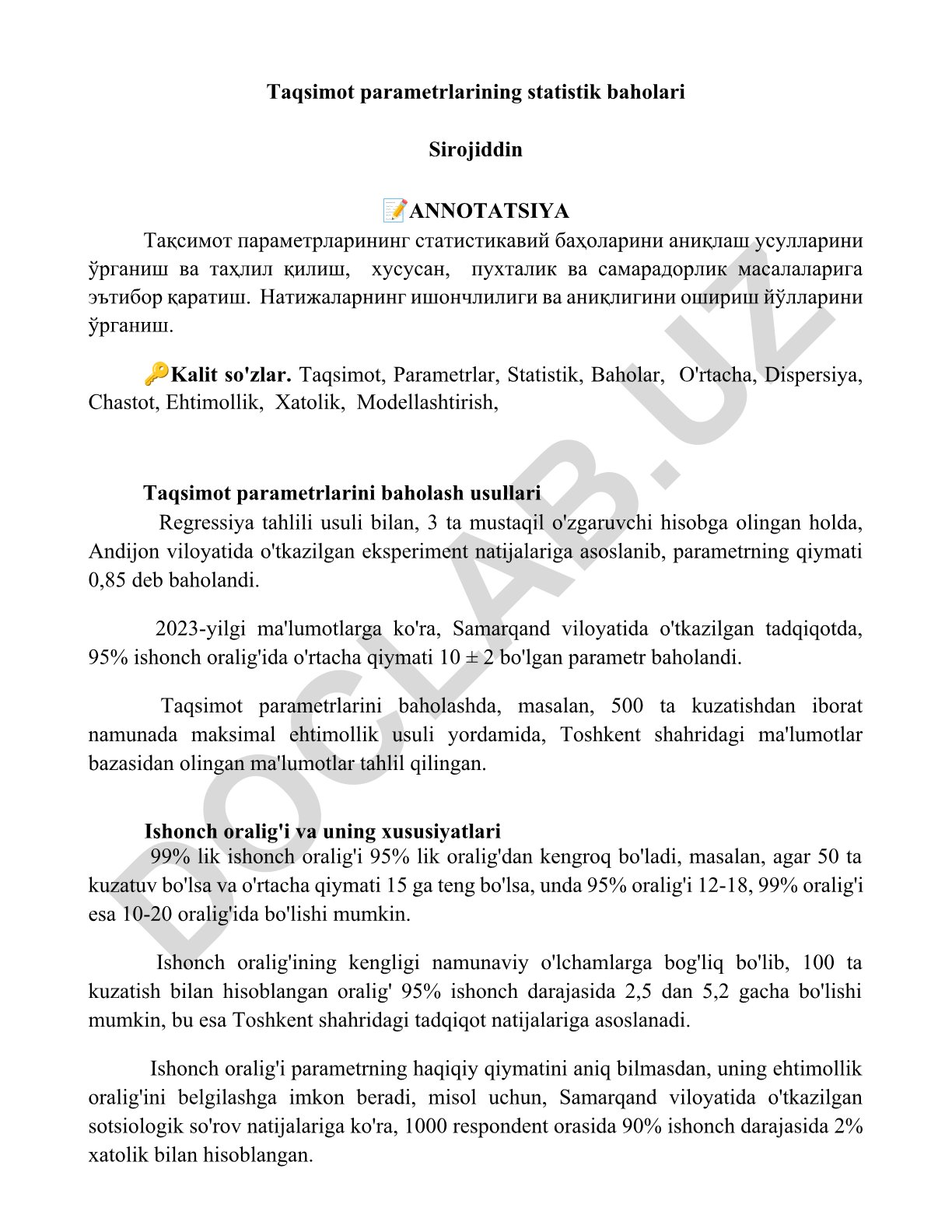 Taqsimot parametrlarining statistik baholari