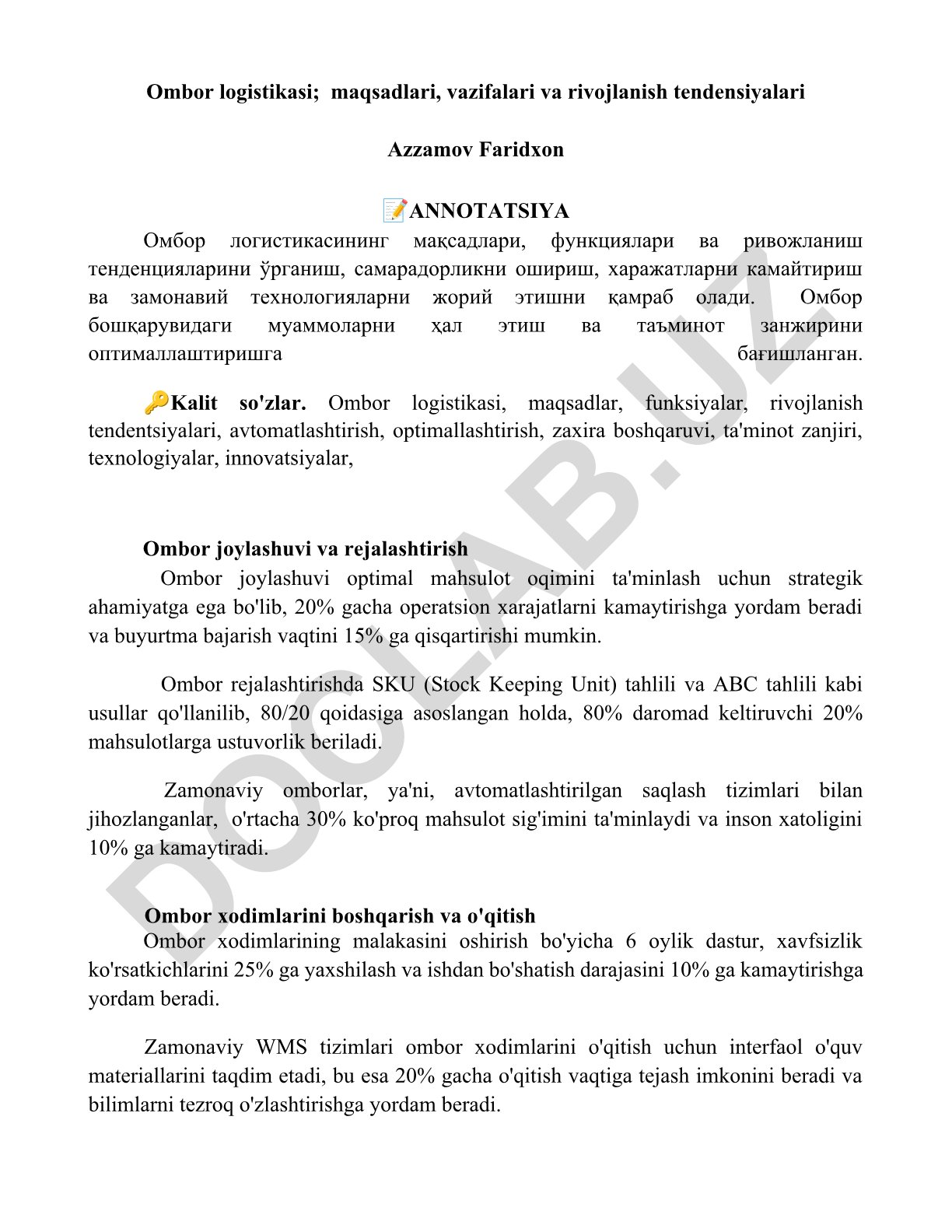Ombor logistikasi maqsadlari, vazifalari va rivojlanish tendensiyalari