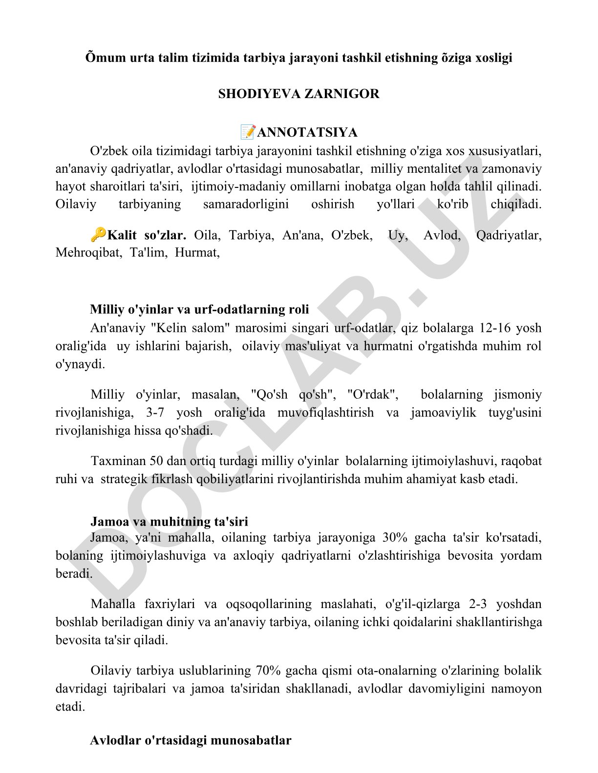 O'zbek oila tizimidagi tarbiya jarayonining o'ziga xos xususiyatlari