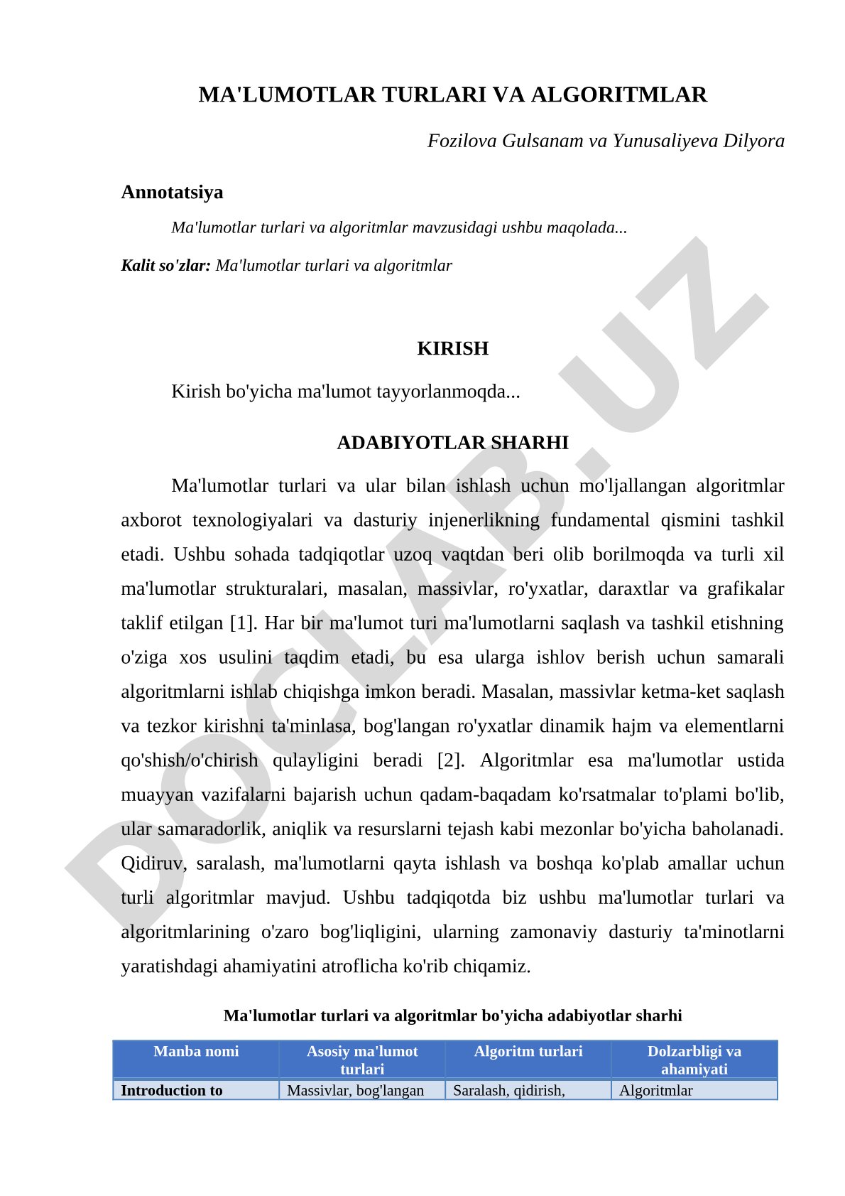 Ma'lumotlar turlari va algoritmlar