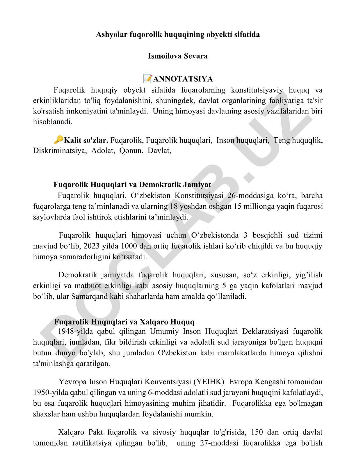 Fuqarolik huquqining obyekti sifatida ashyolar