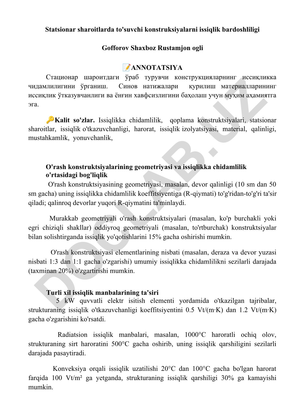 Statsionar sharoitlarda to'suvchi konstruksiyalarni issiqlik bardoshliligi
