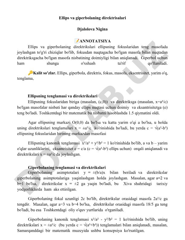 Ellips va giperbolaning direktrisalari
