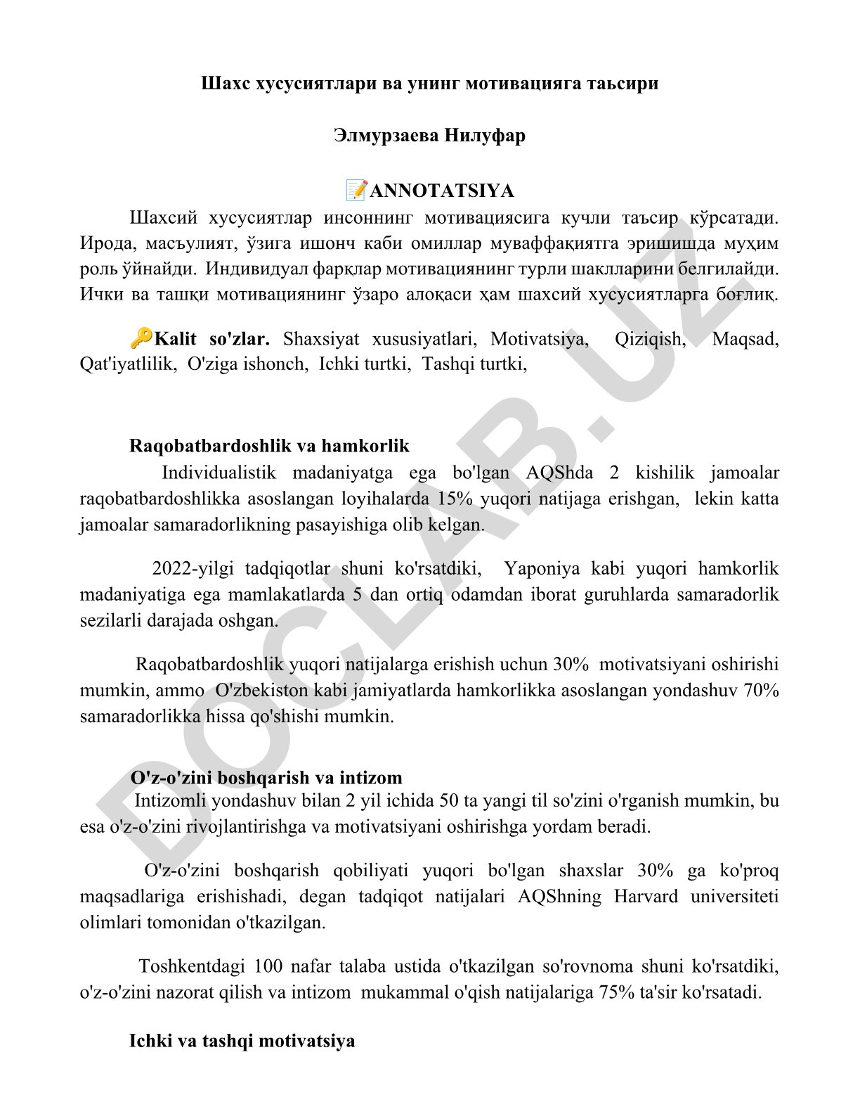 Shaxs xususiyatlari va uning motivatsiyaga ta'siri