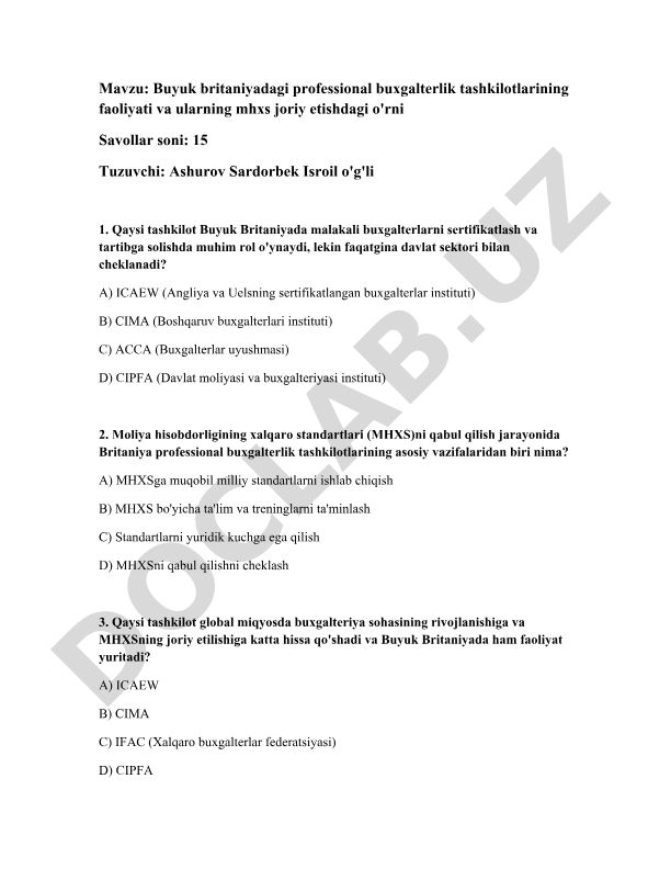 Buyuk britaniyadagi professional buxgalterlik tashkilotlarining faoliyati va ularning mhxs joriy etishdagi o'rni