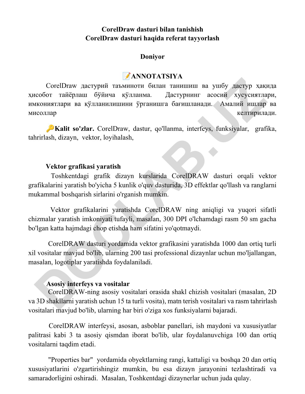 CorelDraw dasturi bilan tanishish va vektor grafikasi yaratish