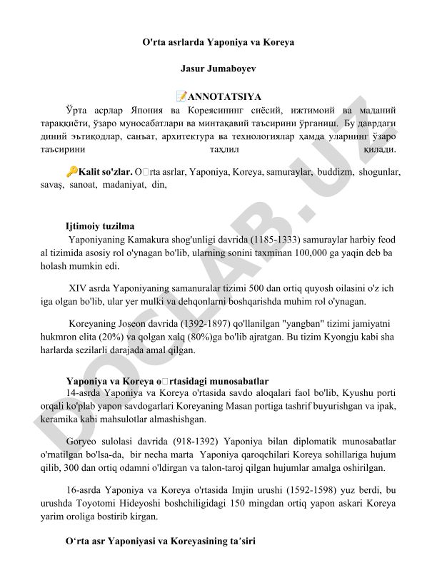 O'rta asrlarda Yaponiya va Koreyaning siyosiy, ijtimoiy va madaniy taraqqiyoti
