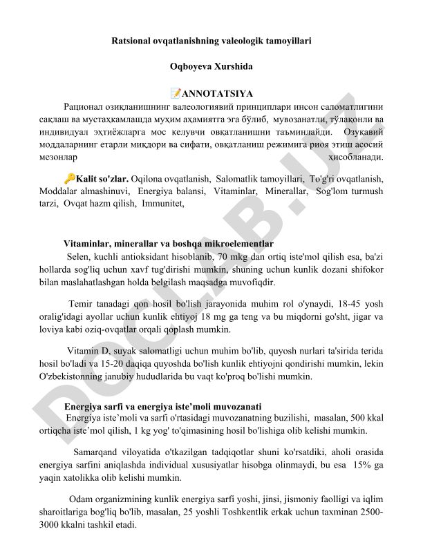 Ratsional ovqatlanishning valeologik tamoyillari