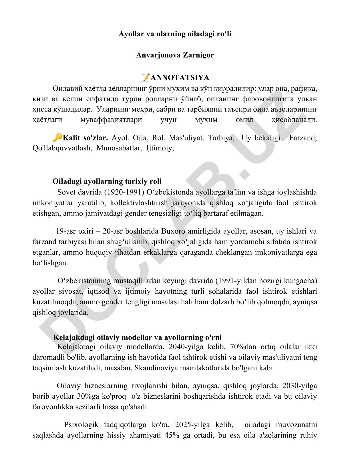 Ayollar va ularning oiladagi roʻli