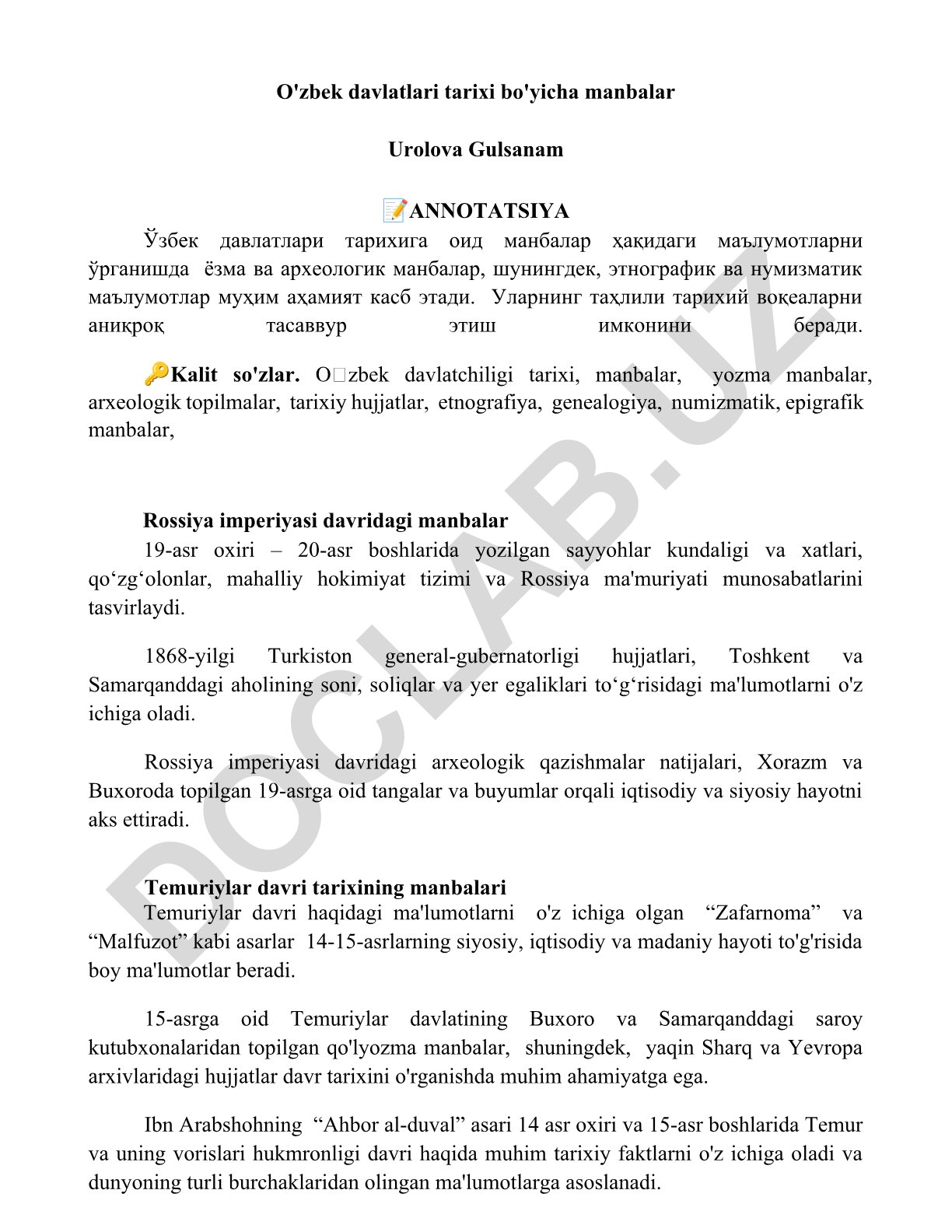 O'zbek davlatlari tarixi bo'yicha manbalar