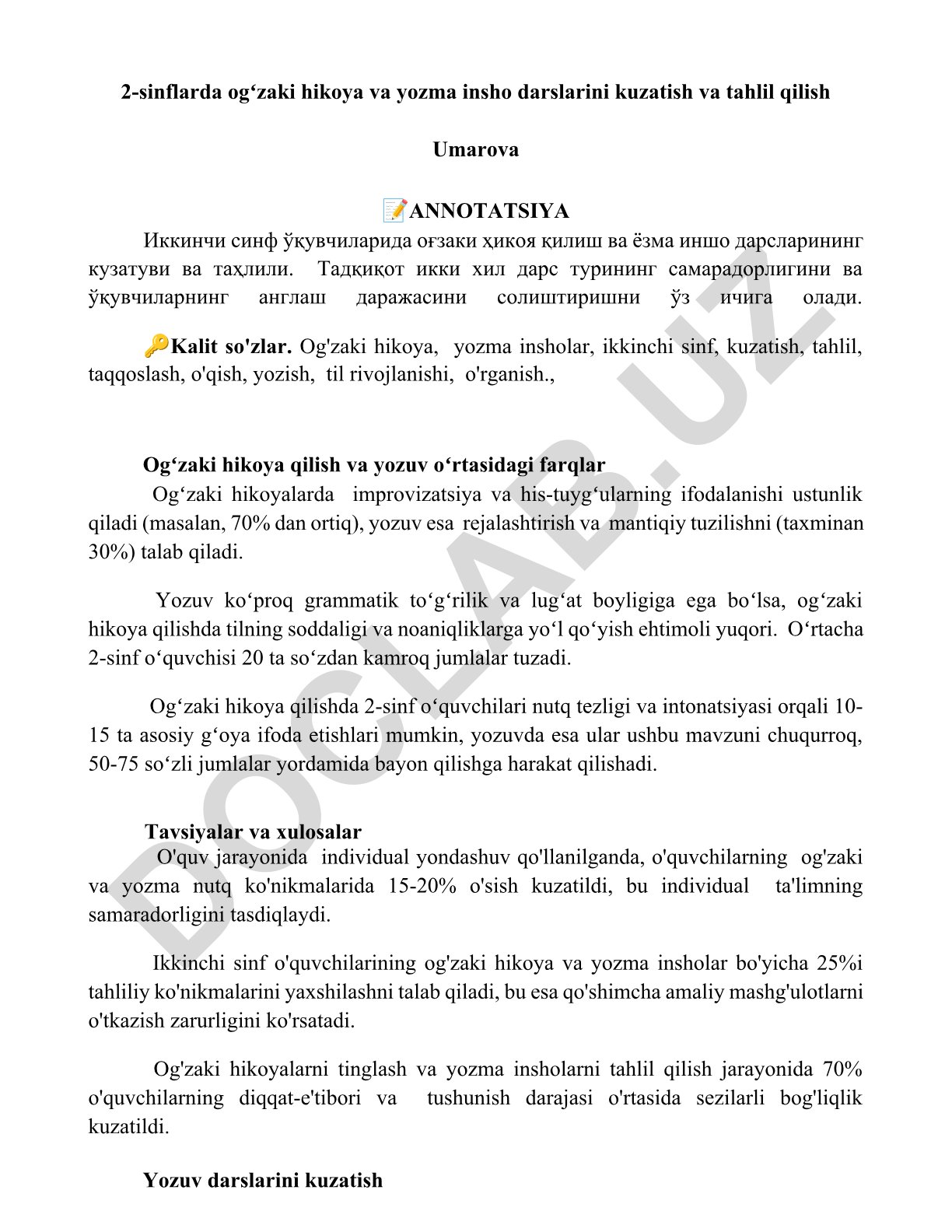 Ikkinchi sinf o'quvchilarida og'zaki hikoya va yozma insho darslarini kuzatish va tahlil qilish