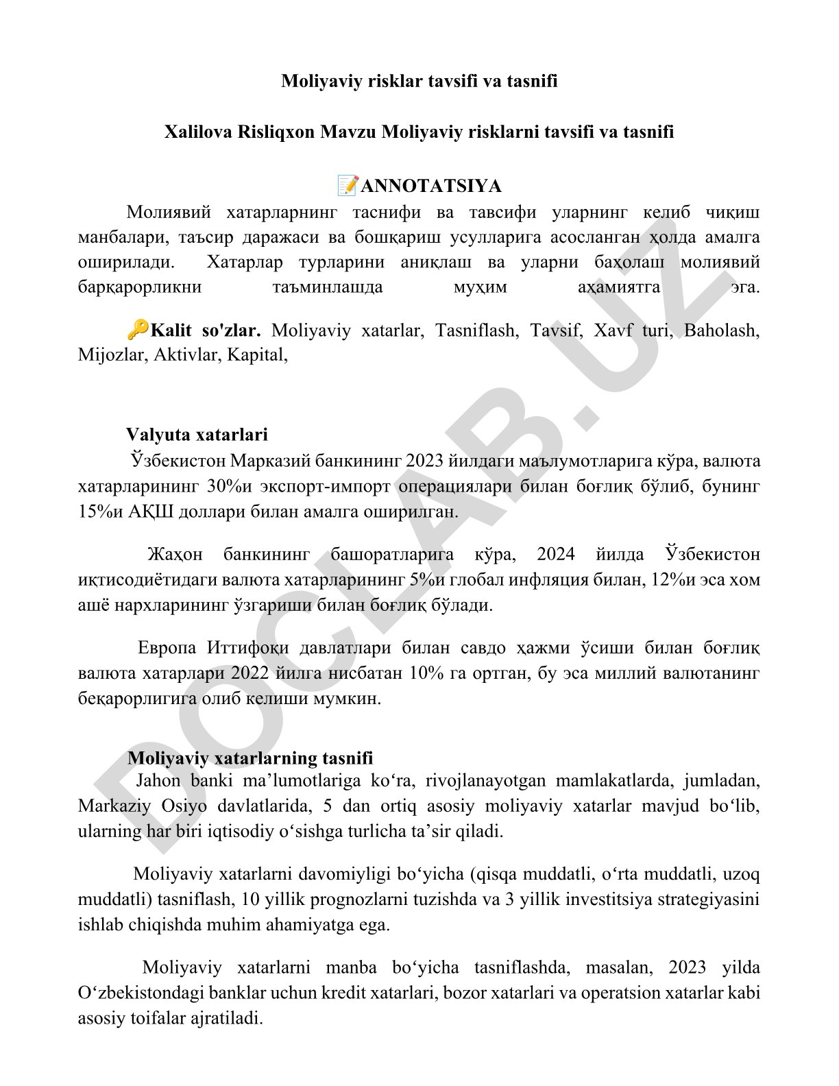 Moliyaviy risklar tavsifi va tasnifi