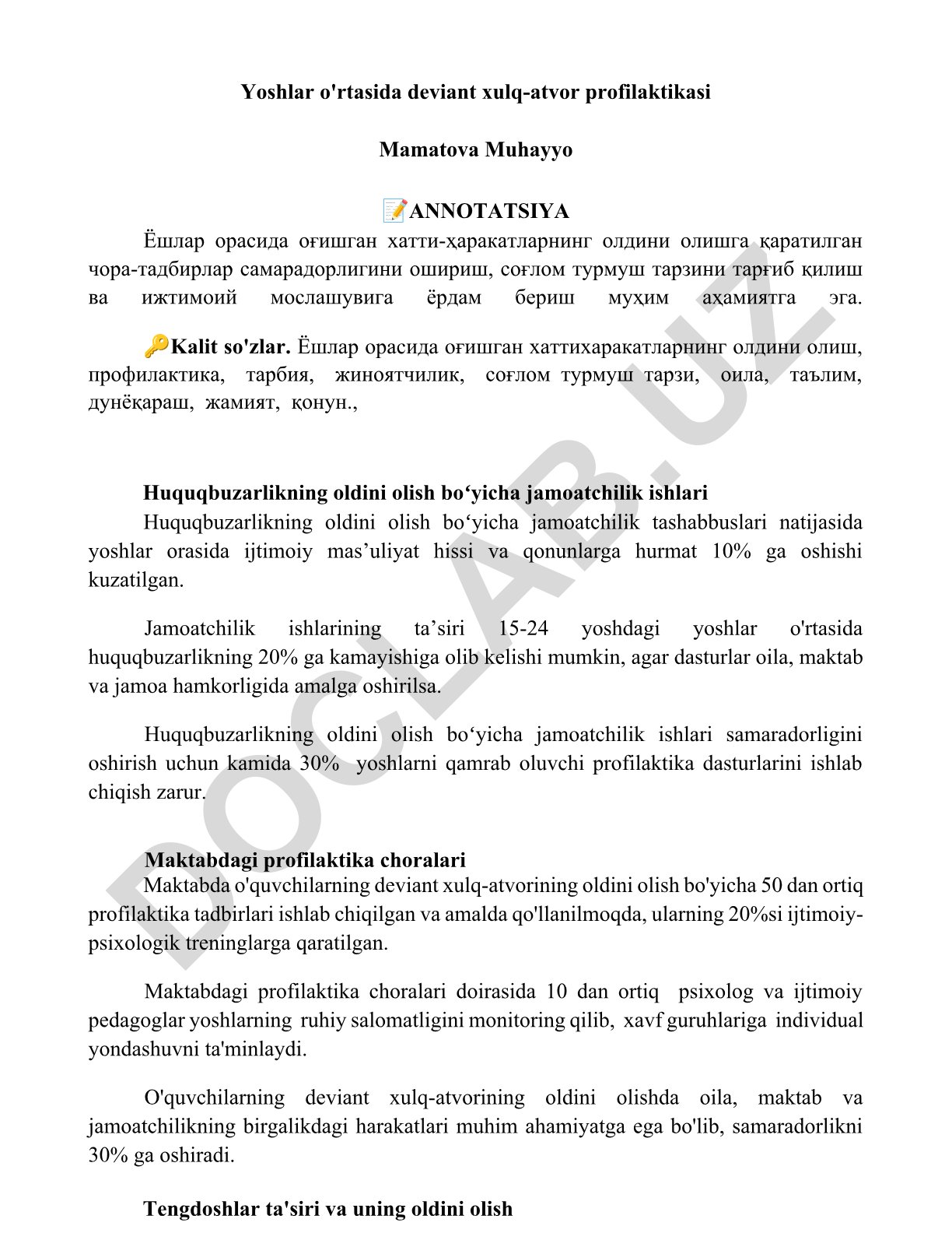 Yoshlar o'rtasida deviant xulq-atvor profilaktikasi