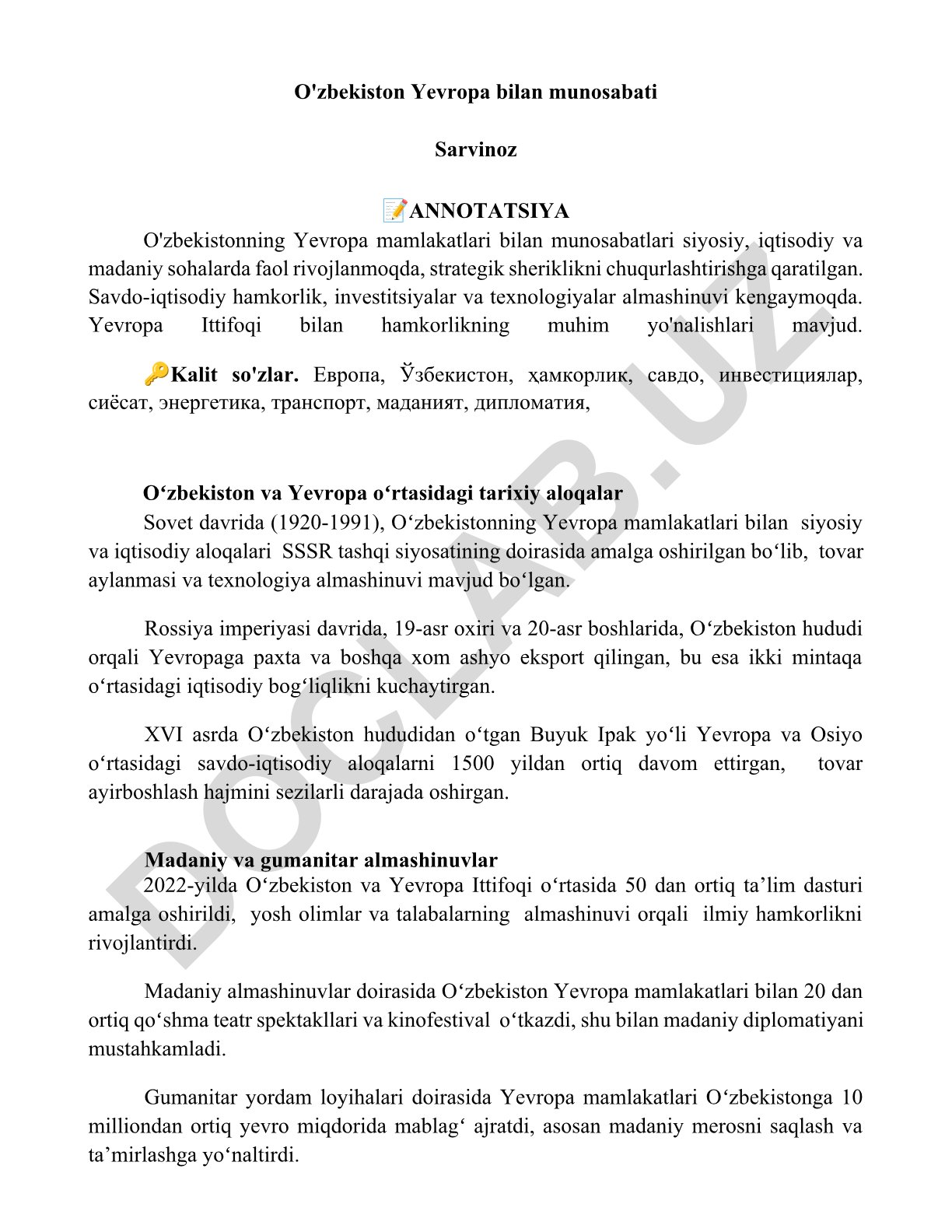O'zbekistonning Yevropa mamlakatlari bilan munosabatlari