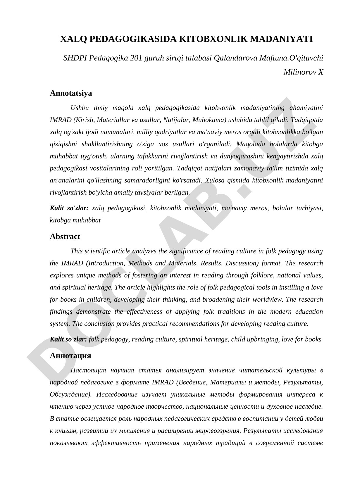 Xalq pedagogikasida kitobxonlik madaniyati