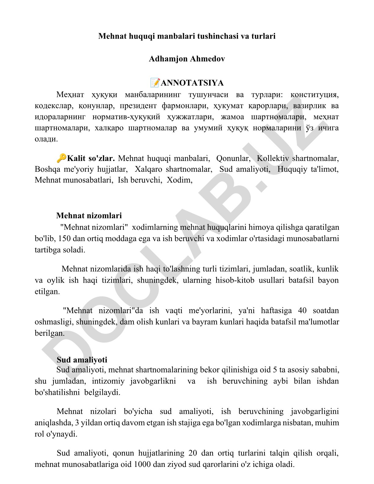 Mehnat huquqi manbalari tushinchasi va turlari