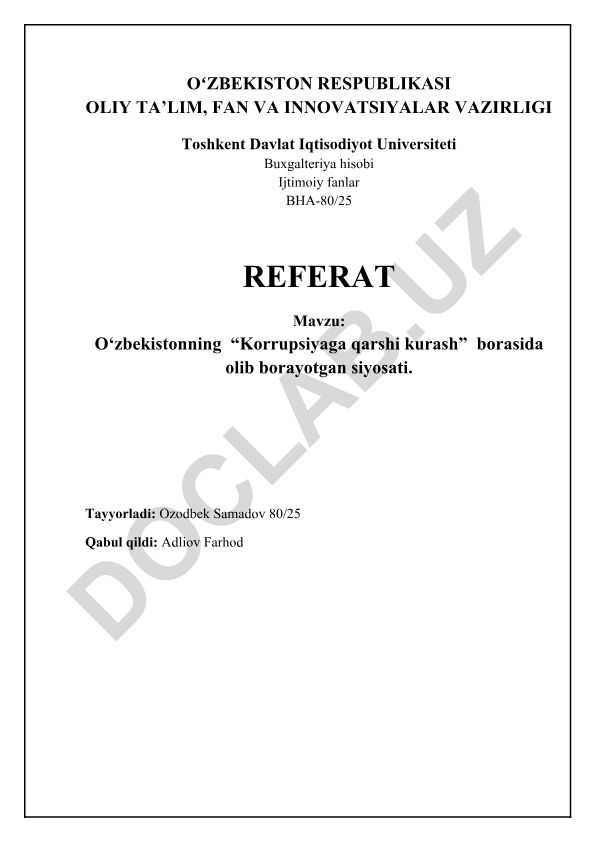 O‘zbekistonning “Korrupsiyaga qarshi kurash” borasida olib borayotgan siyosati