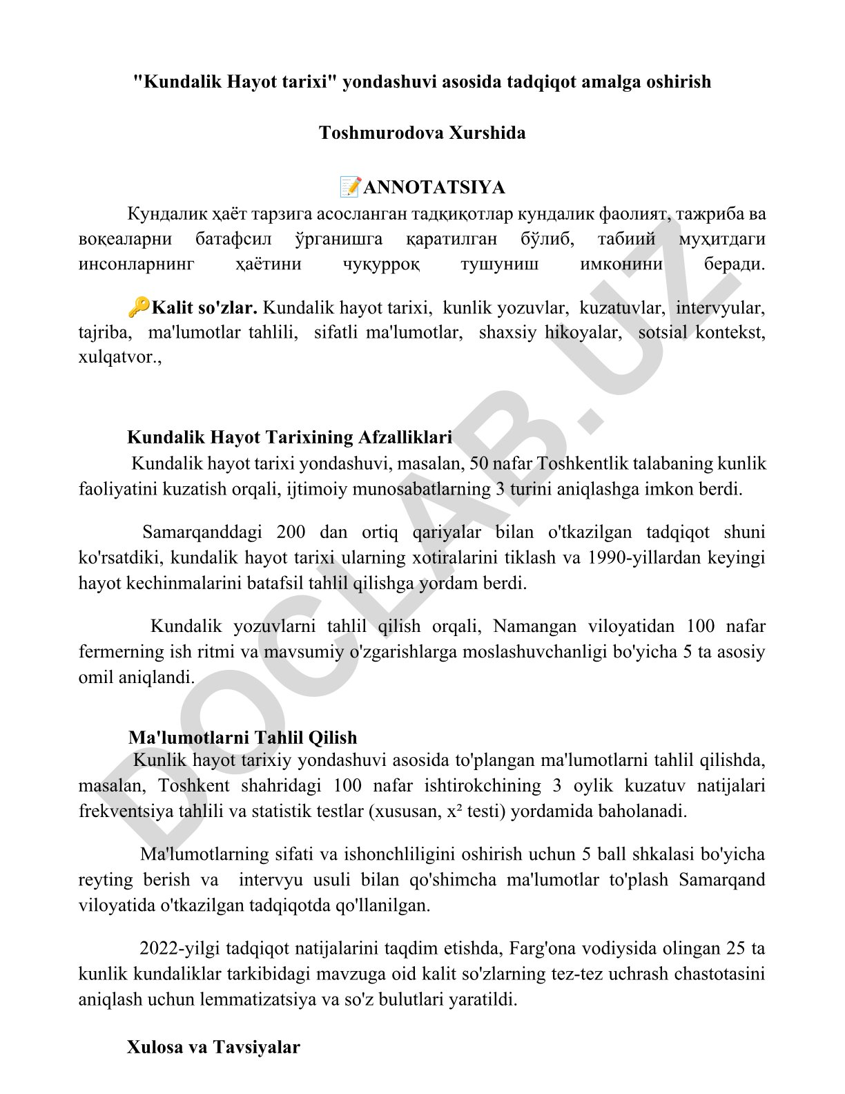 Kundalik hayot tarixi yondashuvi asosida tadqiqot