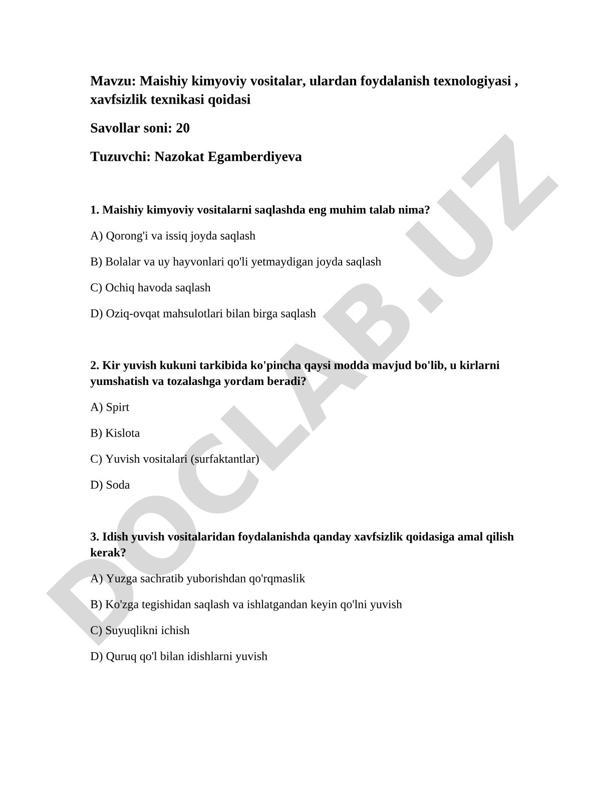 Maishiy kimyoviy vositalar, ulardan foydalanish texnologiyasi, xavfsizlik texnikasi qoidasi
