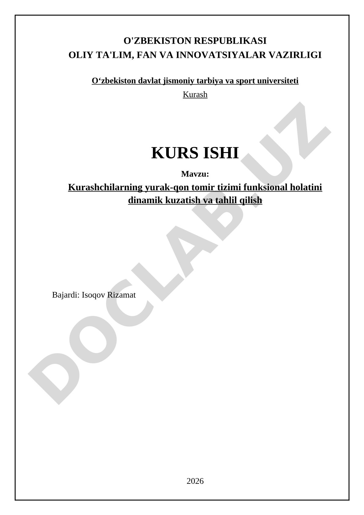 Kurashchilarning yurak-qon tomir tizimi funksional holatini dinamik kuzatish va tahlil qilish