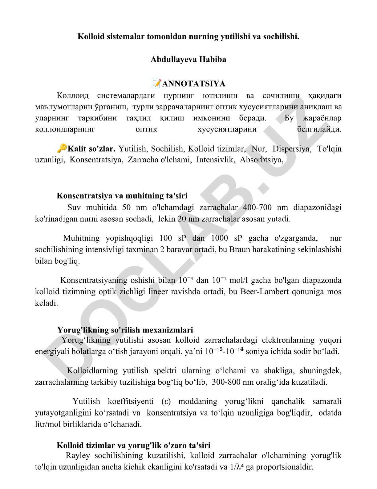 Kolloid sistemalar tomonidan nurning yutilishi va sochilishi