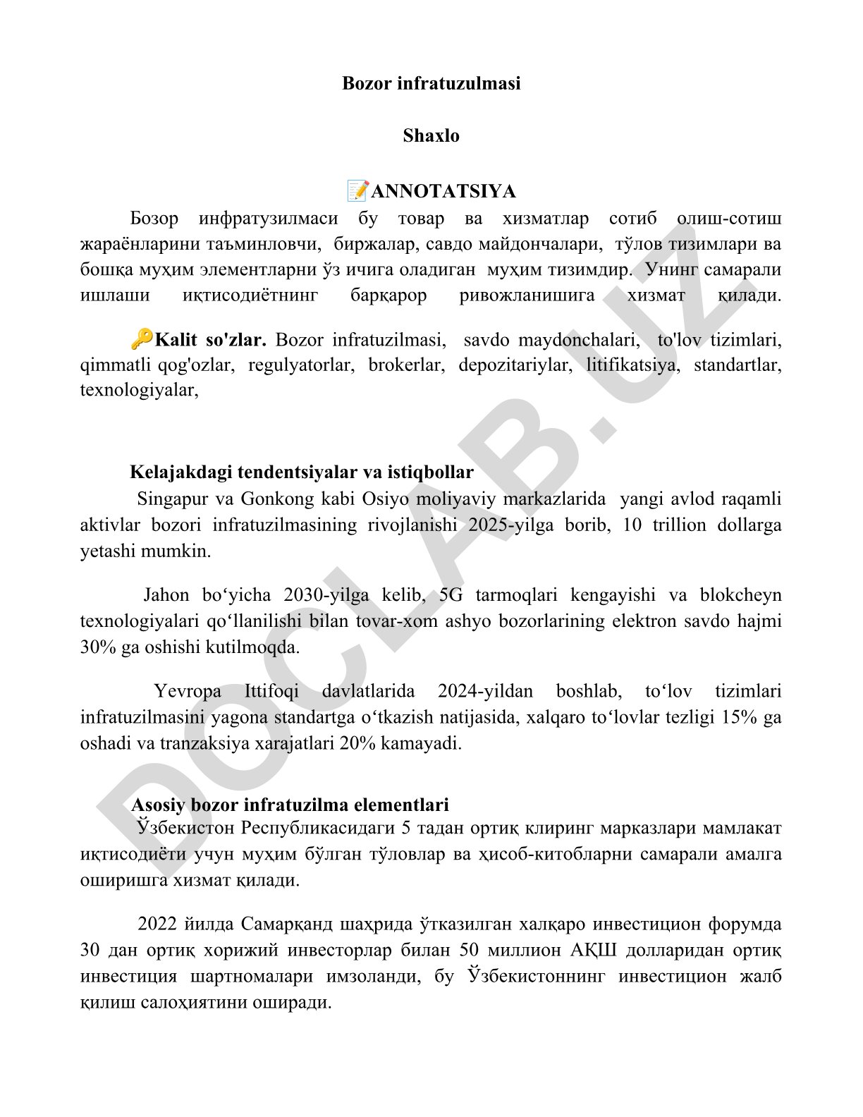 Bozor infratuzilmasi va uning rivojlanish tendentsiyalari