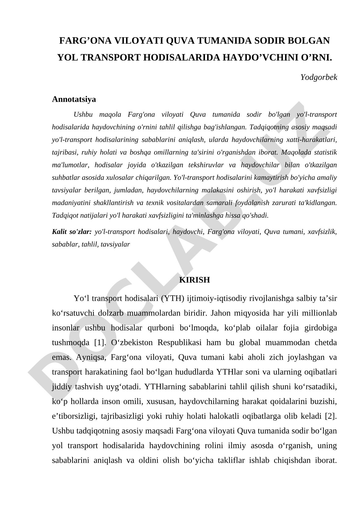 Farg'ona viloyati Quva tumanida sodir bo'lgan yo'l transport hodisalarida haydovchining o'rni