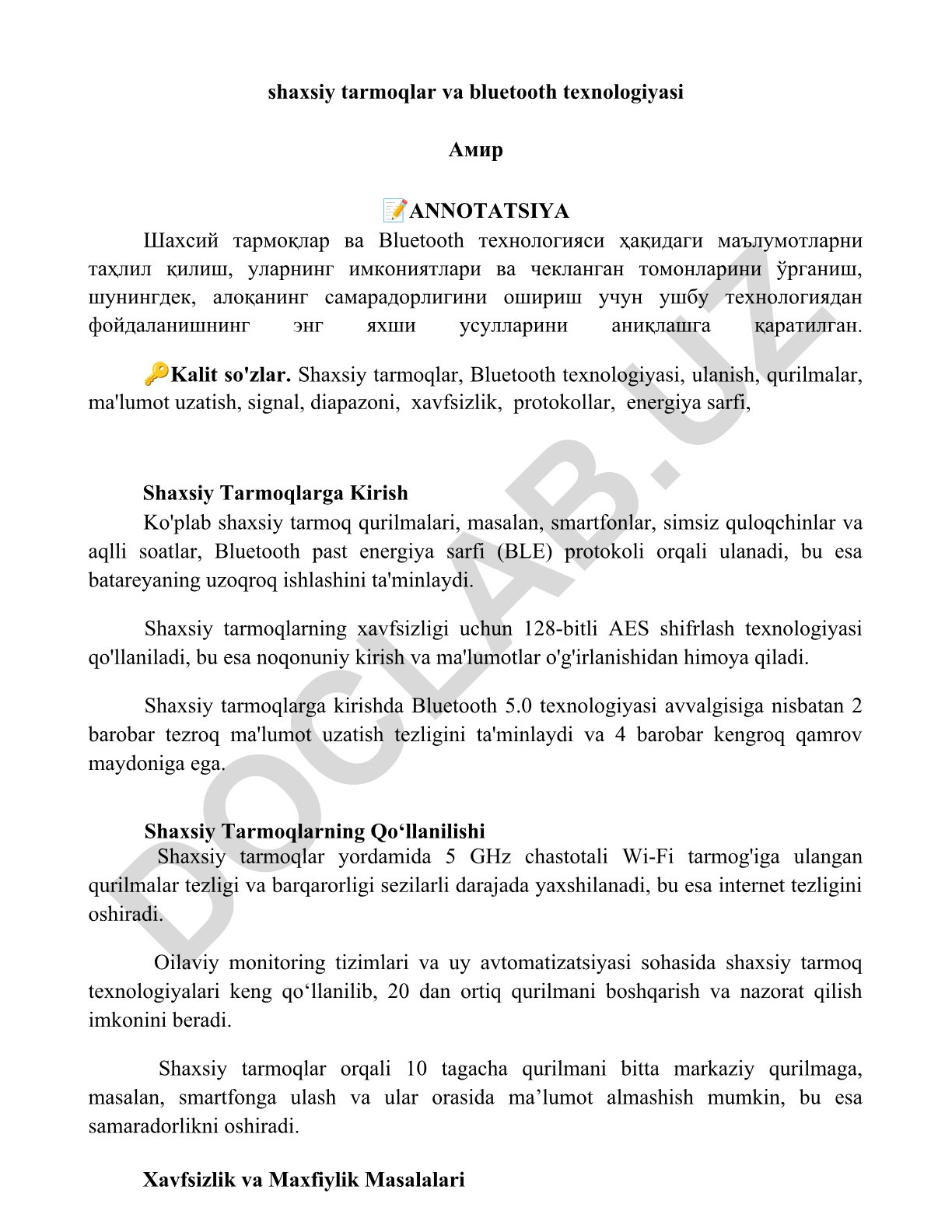Shaxsiy tarmoqlar va Bluetooth texnologiyasi imkoniyatlari va cheklangan tomonlari