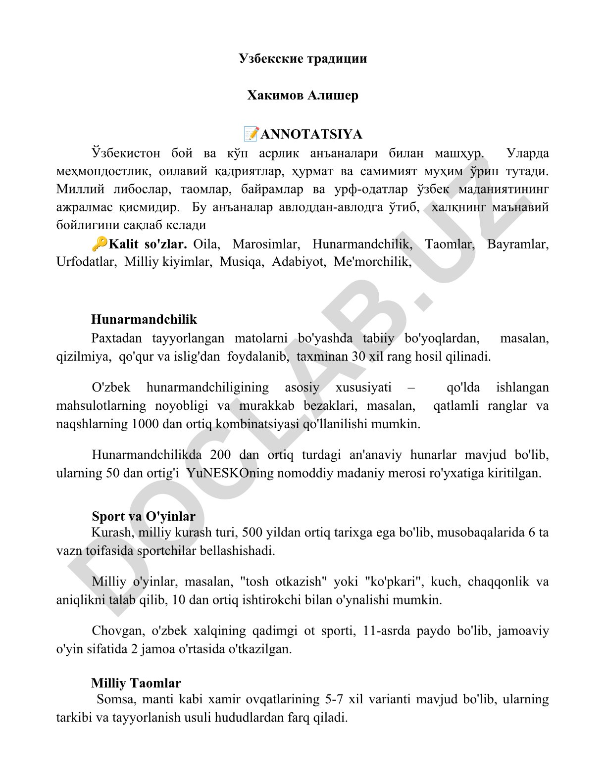 O'zbek milliy an'analari va madaniy merosi