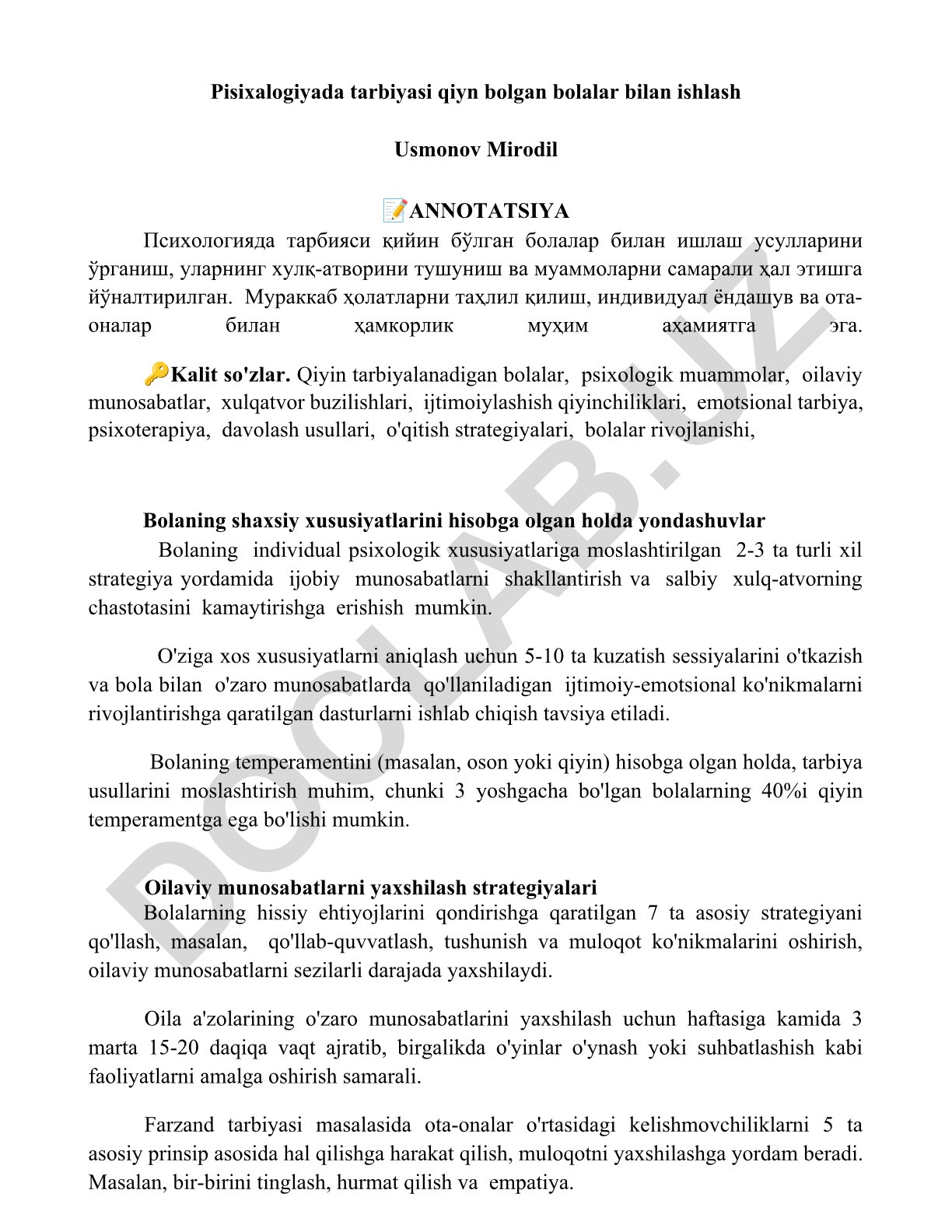 Psixologiyada tarbiyasi qiyin bolalar bilan ishlash usullari