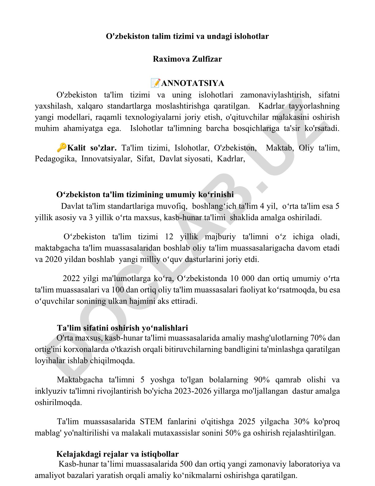 O'zbekiston ta'lim tizimi va undagi islohotlar