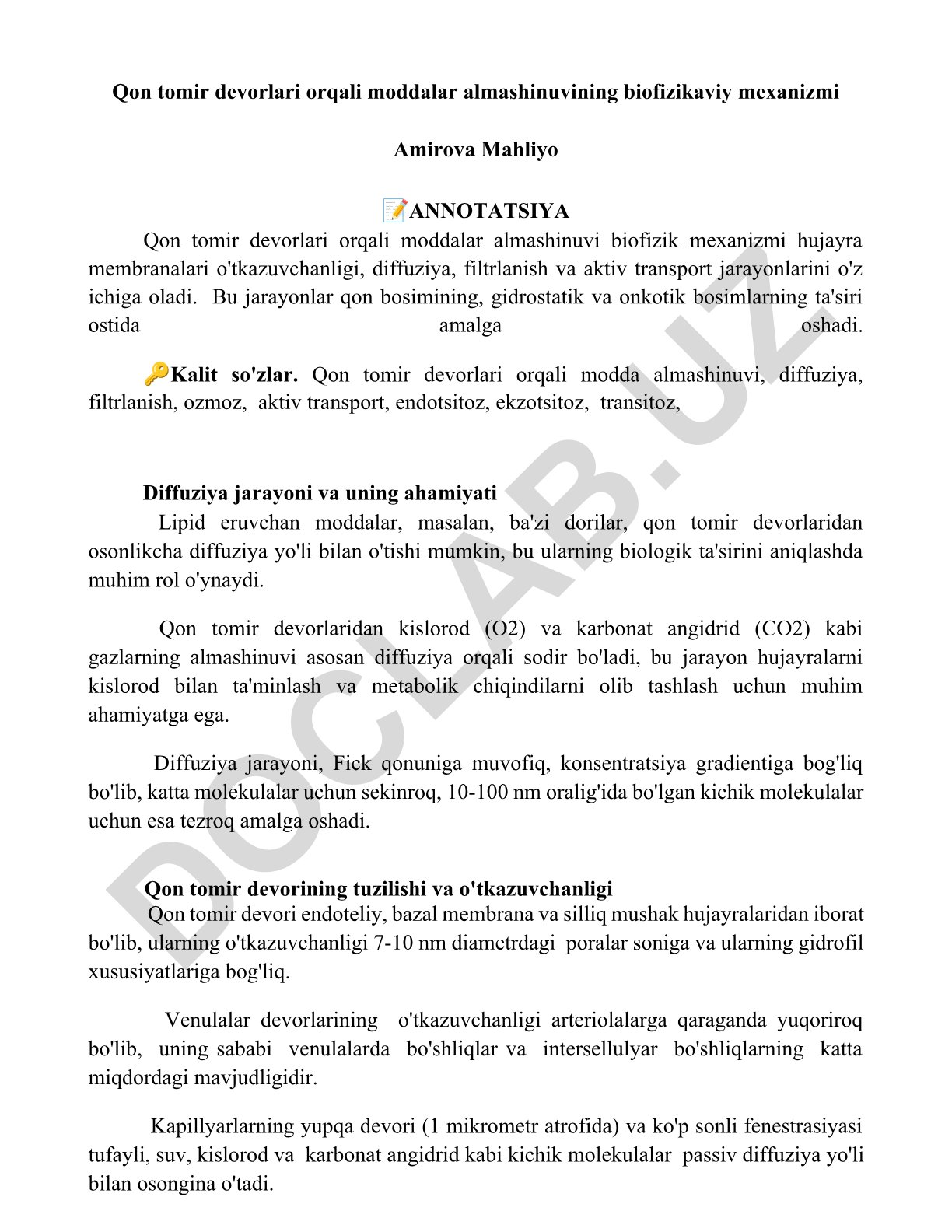 Qon tomir devorlari orqali moddalar almashinuvining biofizikaviy mexanizmi
