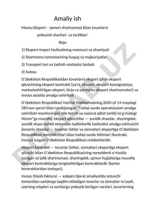 Eksport – Import shartnomasi bilan tovarlarni yetkazish shartlari va tartiblari