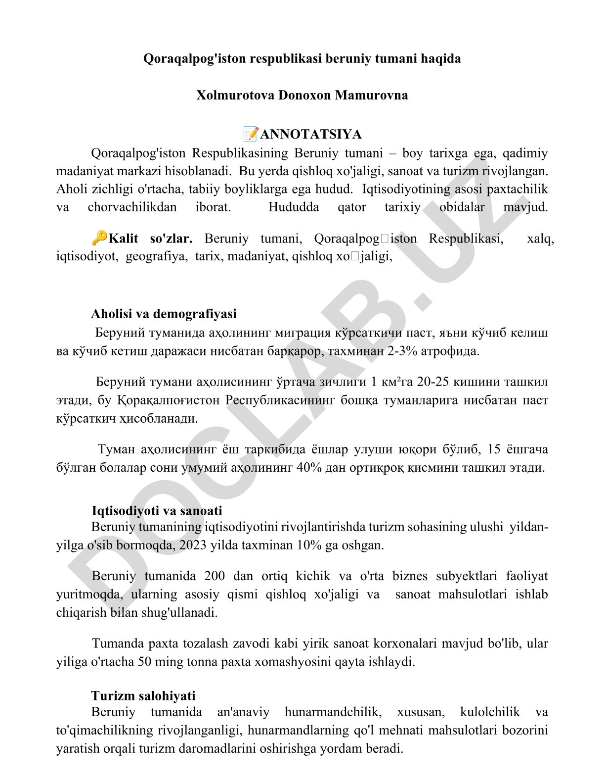 Qoraqalpog'iston Respublikasi Beruniy tumani haqida
