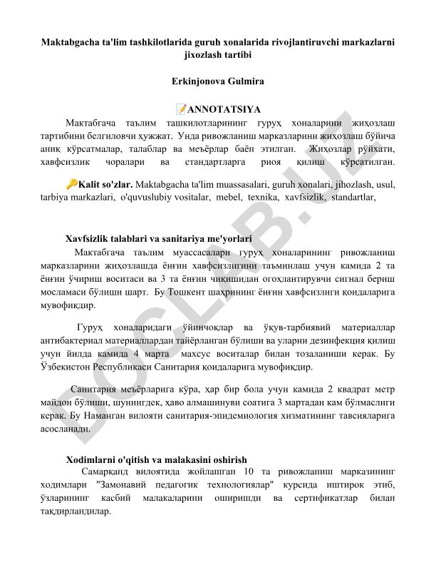 Maktabgacha ta'lim tashkilotlarida guruh xonalarida rivojlantiruvchi markazlarni jihozlash tartibi