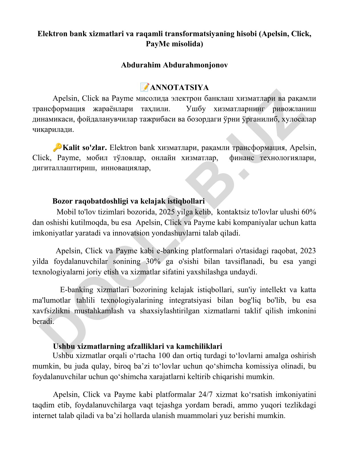 Elektron bank xizmatlari va raqamli transformatsiyaning hisobi (Apelsin, Click, PayMe misolida)