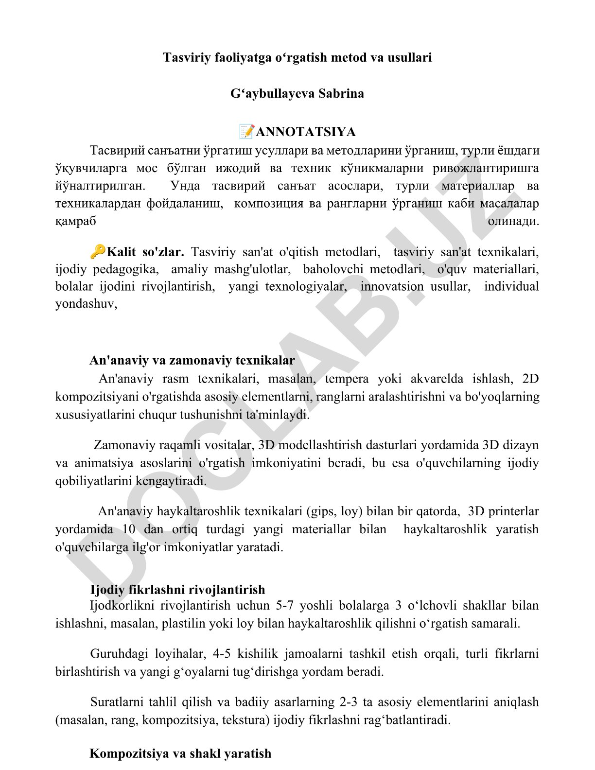 Tasviriy faoliyatga o'rgatish metod va usullari