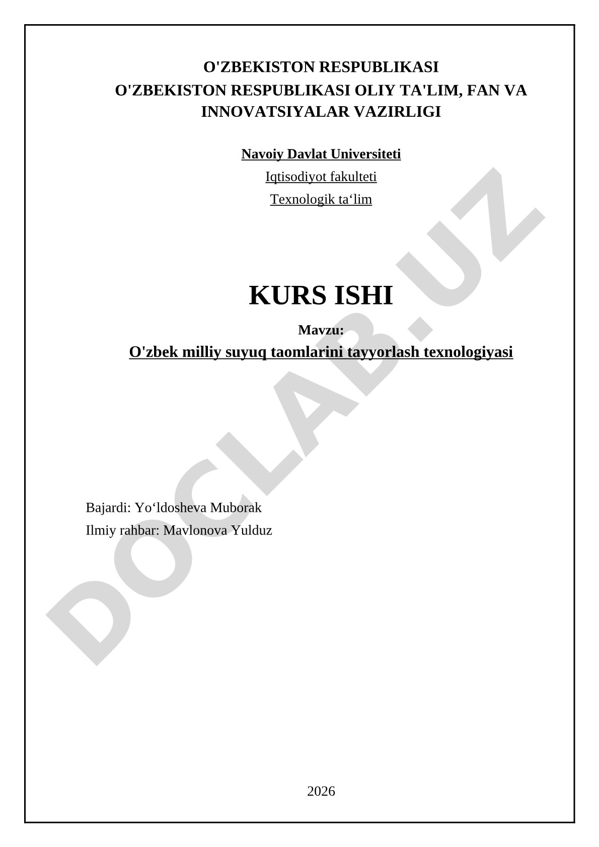 O'zbek milliy suyuq taomlarini tayyorlash texnologiyasi