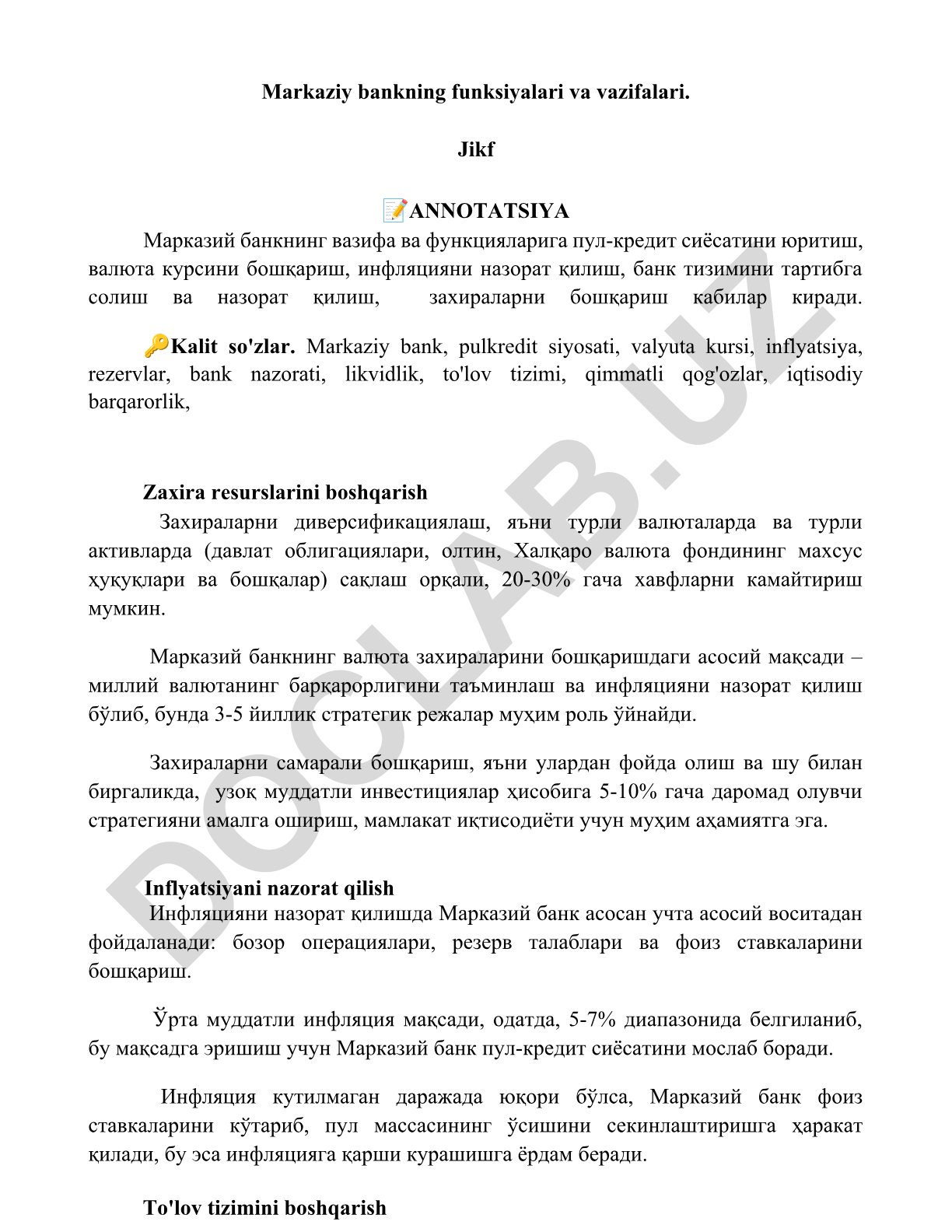 Markaziy bankning funksiyalari va vazifalari