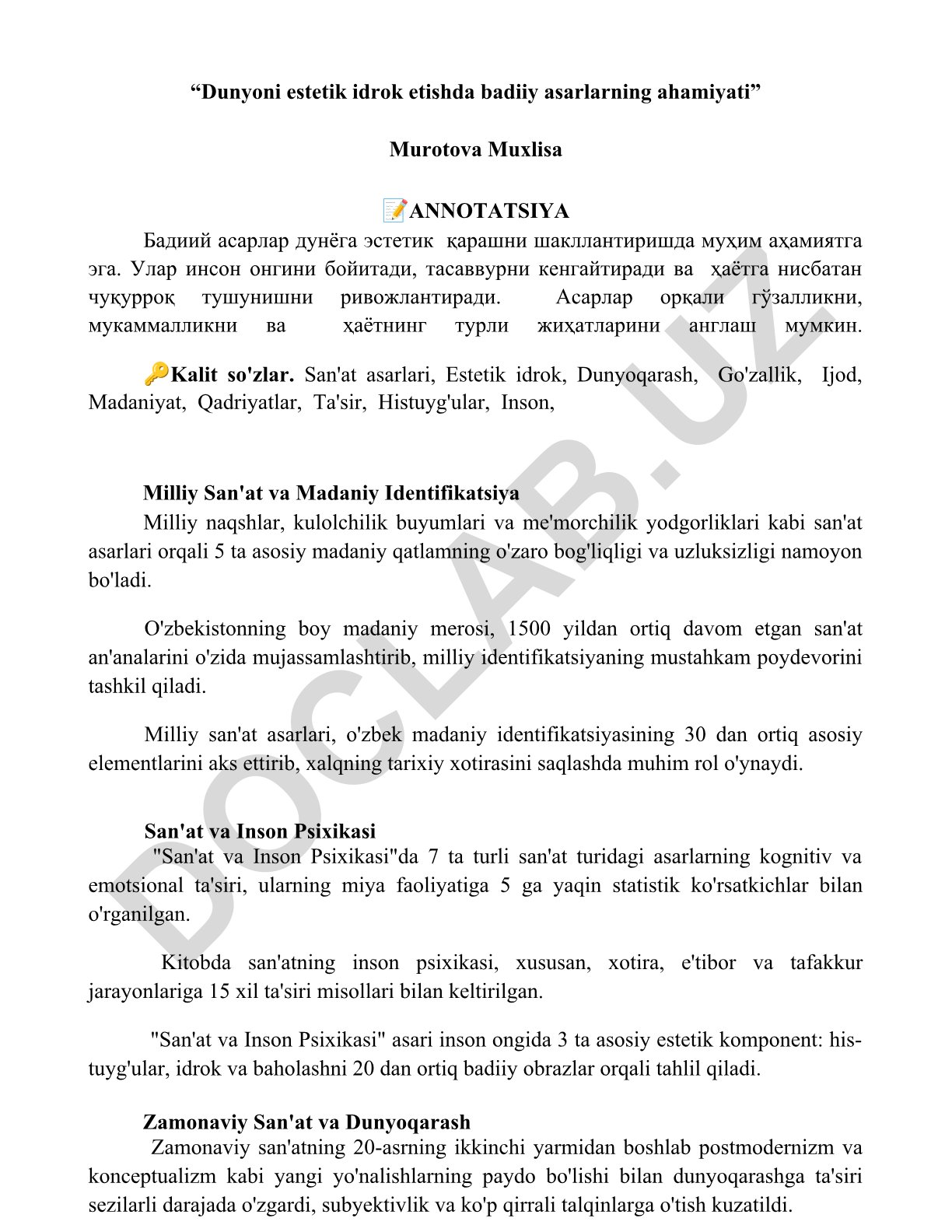 Dunyoni estetik idrok etishda badiiy asarlarning ahamiyati