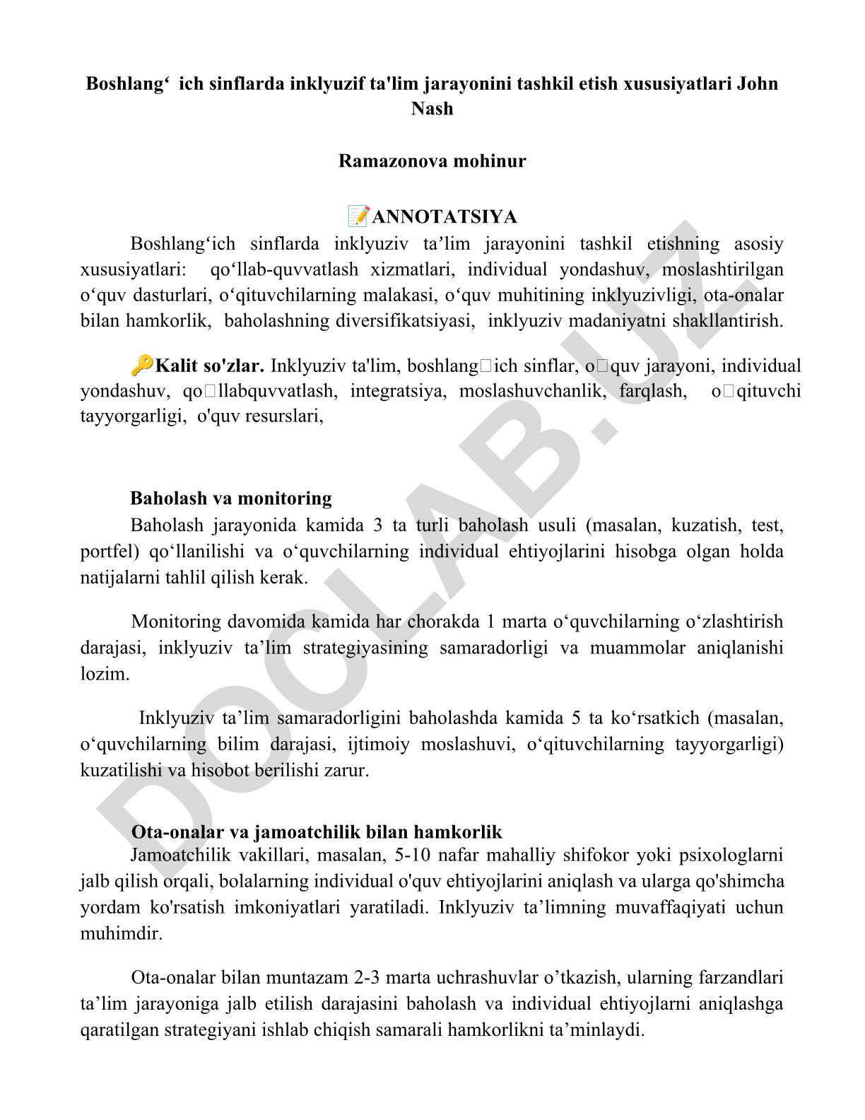 Boshlangʻich sinflarda inklyuziv ta'lim jarayonini tashkil etish xususiyatlari
