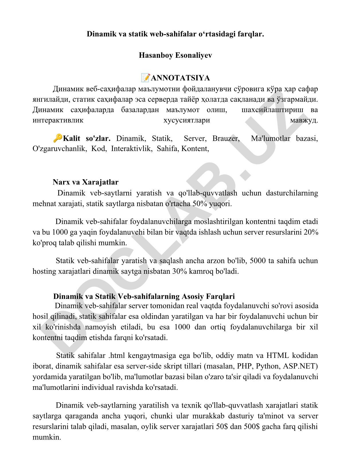 Dinamik va statik web-sahifalar o‘rtasidagi farqlar