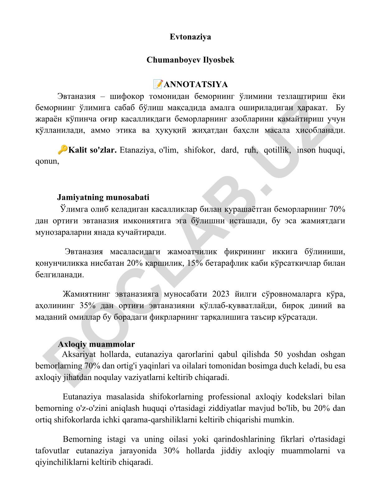 Evtanaziya: etika, huquqiy va jamiyat muammolari