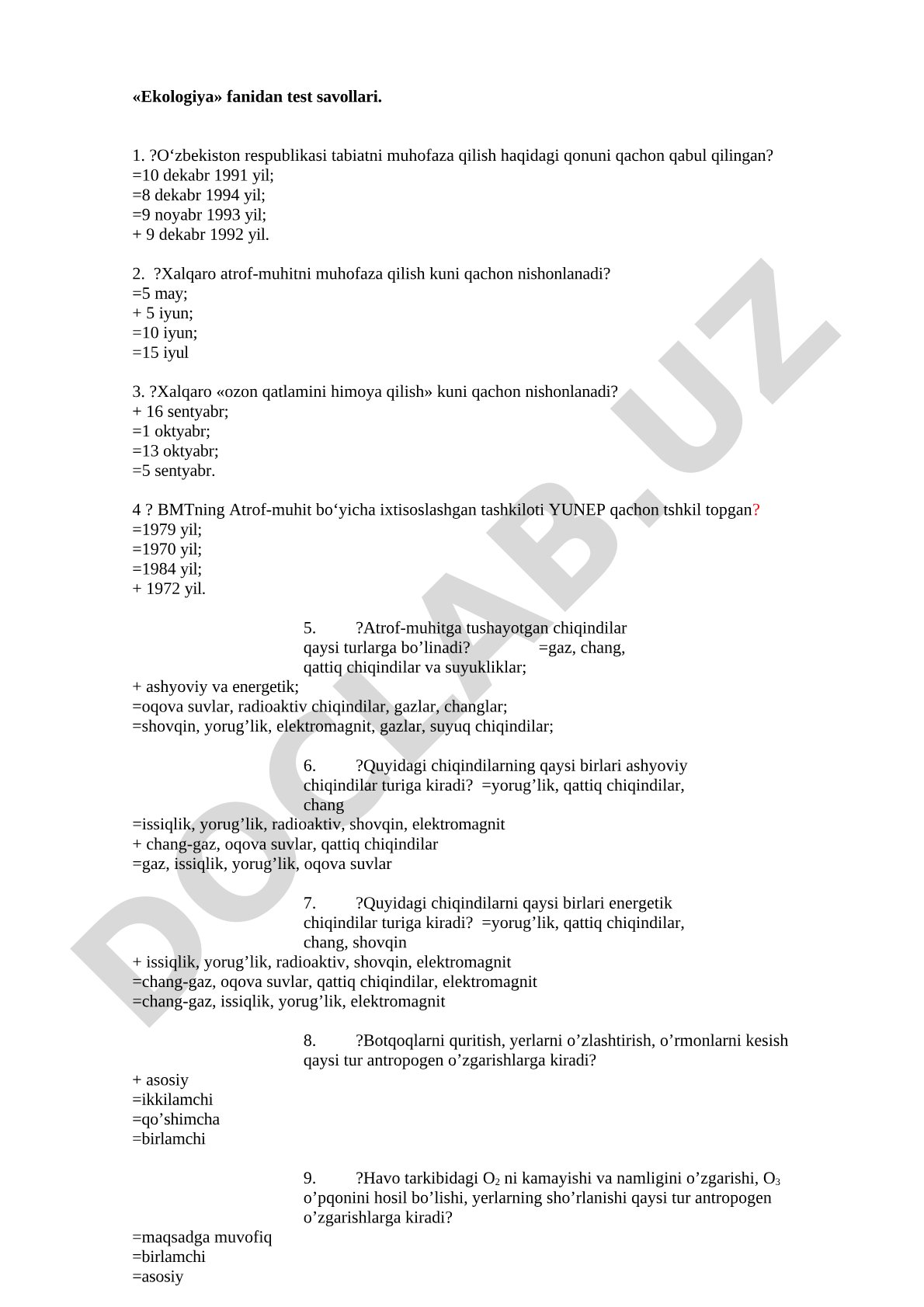 Ekologiya fanidan test savollari
