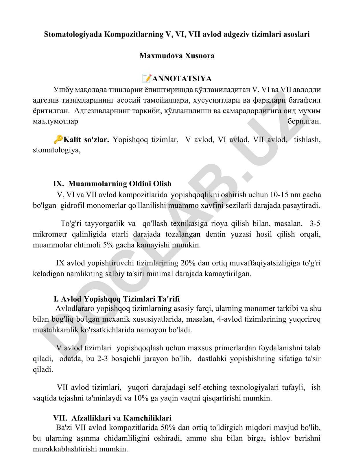 Stomatologiyada V, VI, VII avlod adgeziv tizimlari asoslari