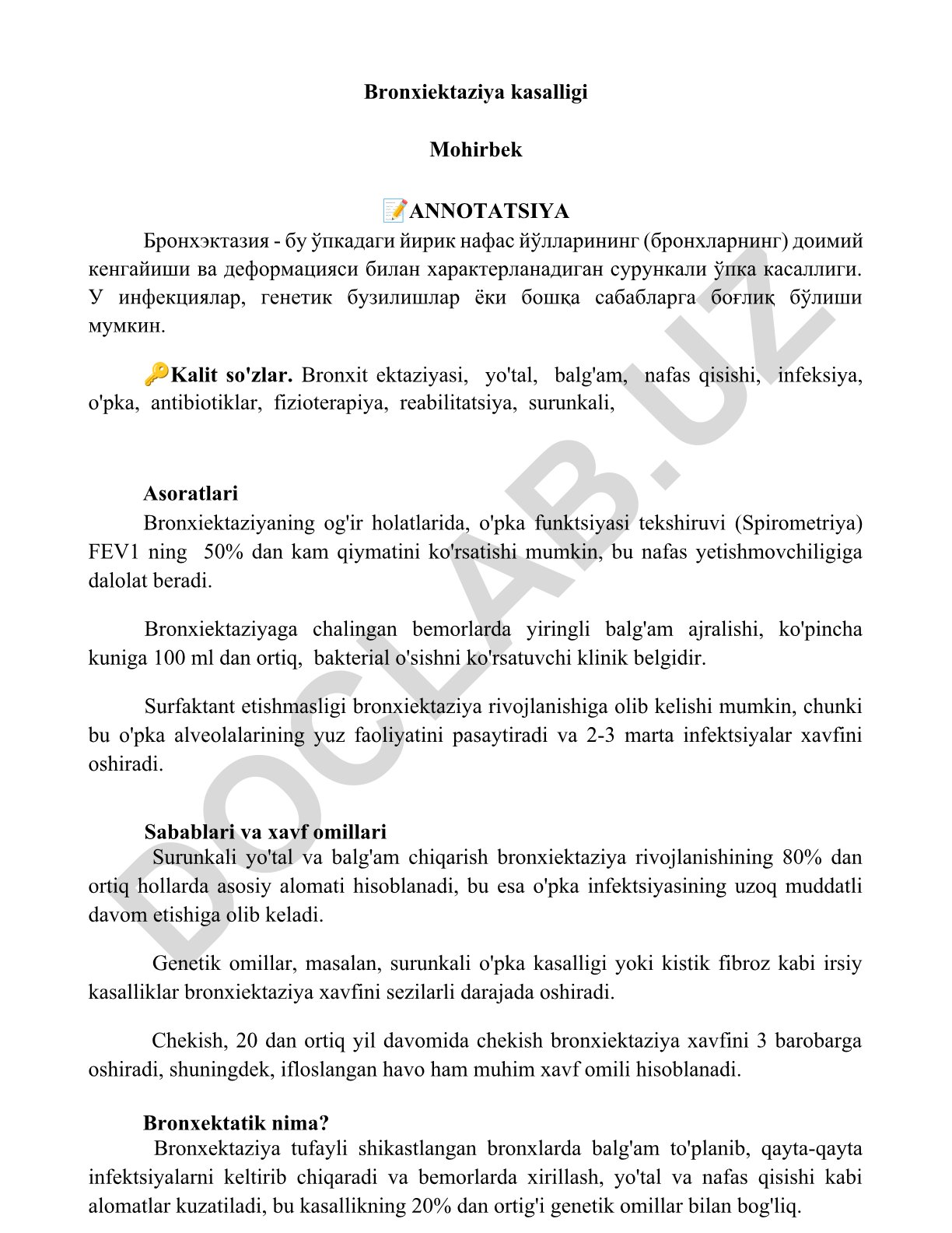 Bronxiektaziya kasalligi