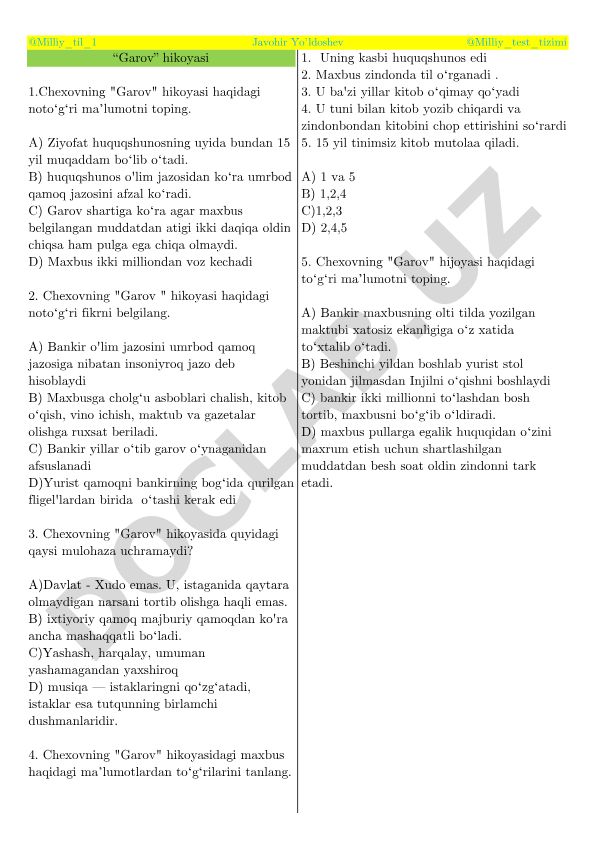 Chexovning "Garov" hikoyasi bo'yicha test savollari
