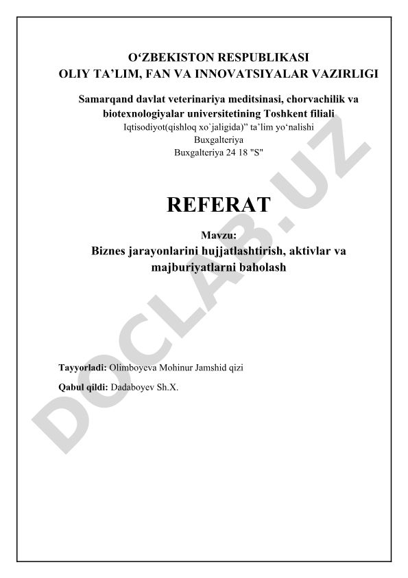 Biznes jarayonlarini hujjatlashtirish, aktivlar va majburiyatlarni baholash