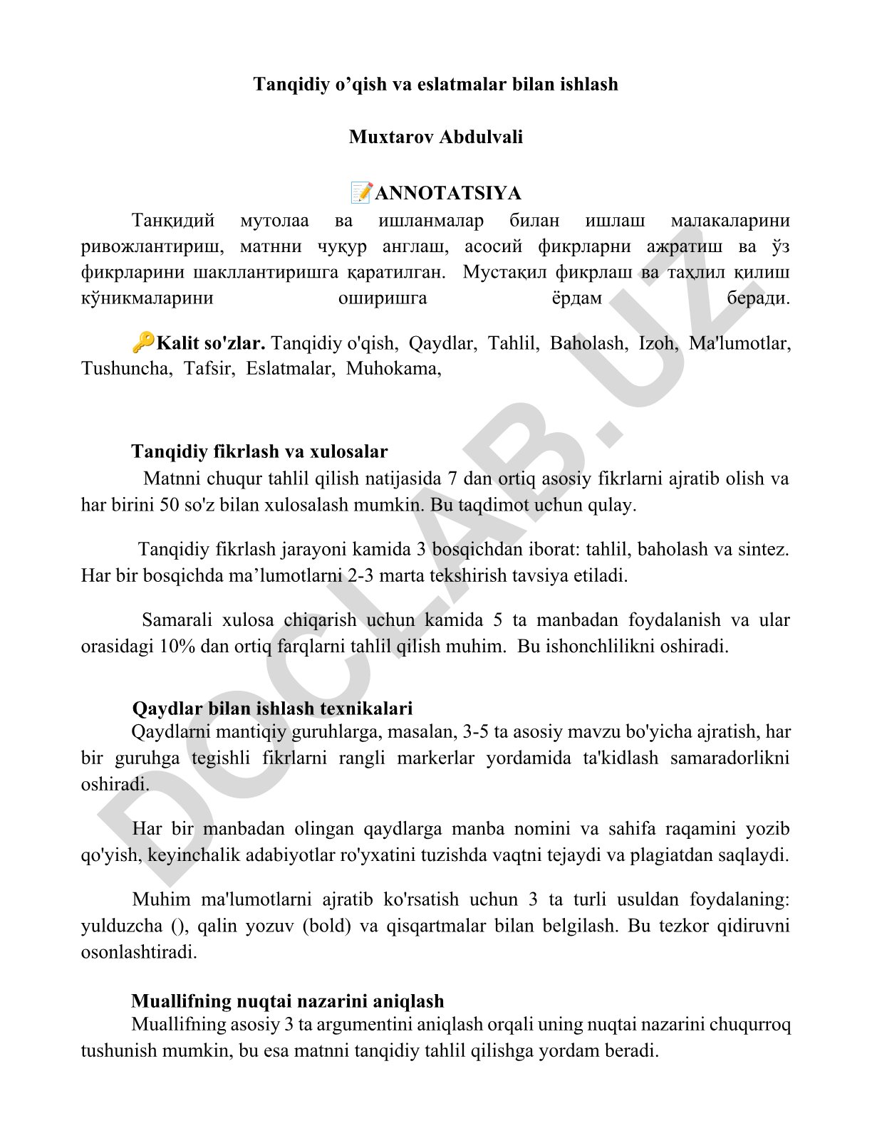 Tanqidiy o'qish va eslatmalar bilan ishlash